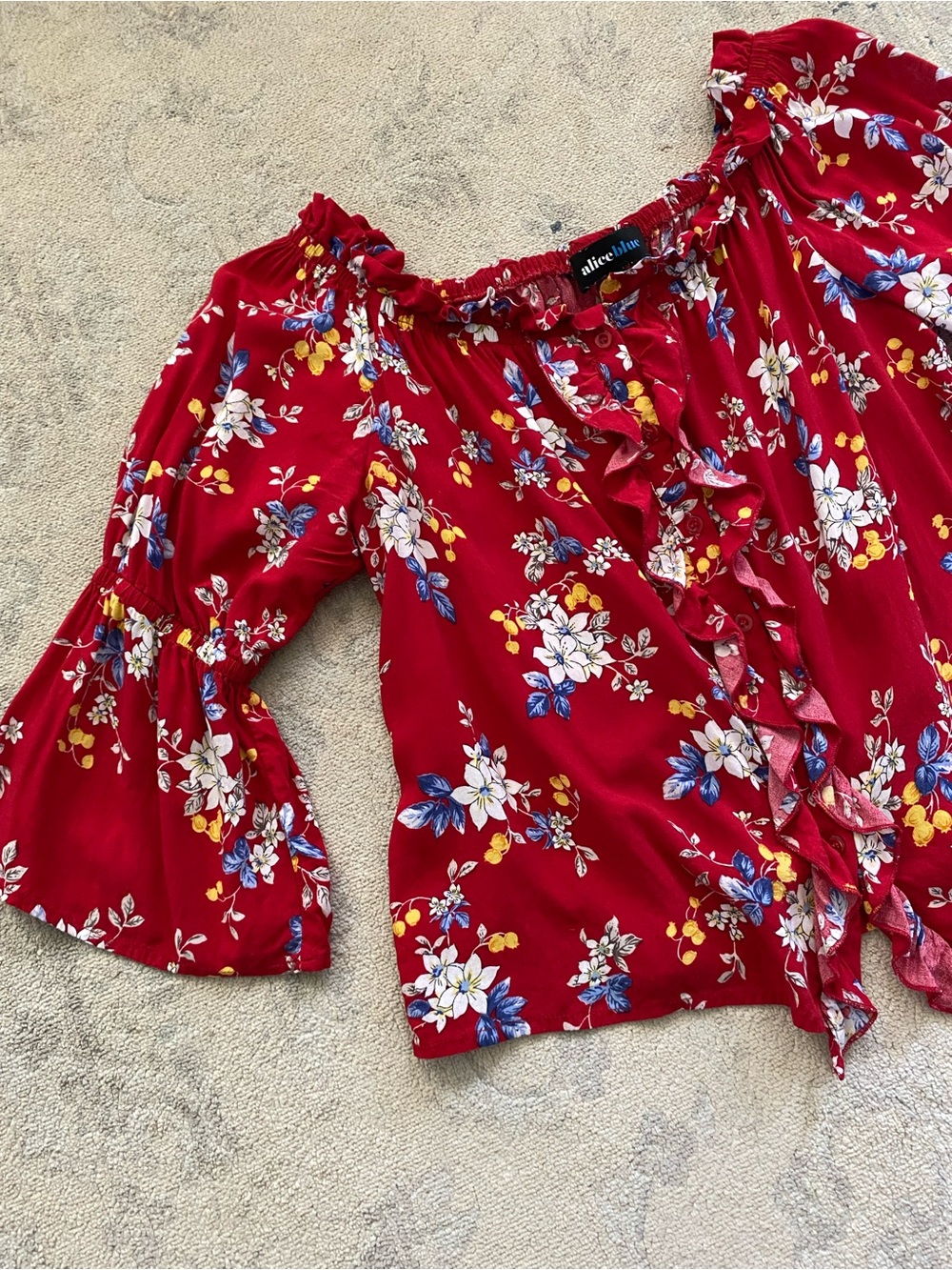Alice Blue 100% Cotton Floral Puff Bell Sleeve Blouse Ruffle Button Small Red